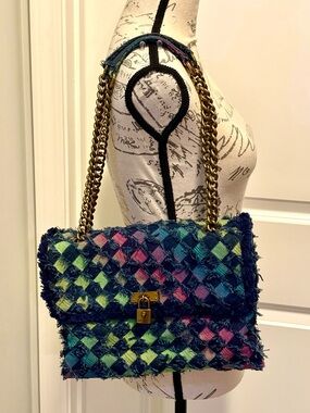Kurt Geiger London Kensington Brixton Rainbow Denim Frayed Shoulder Bag